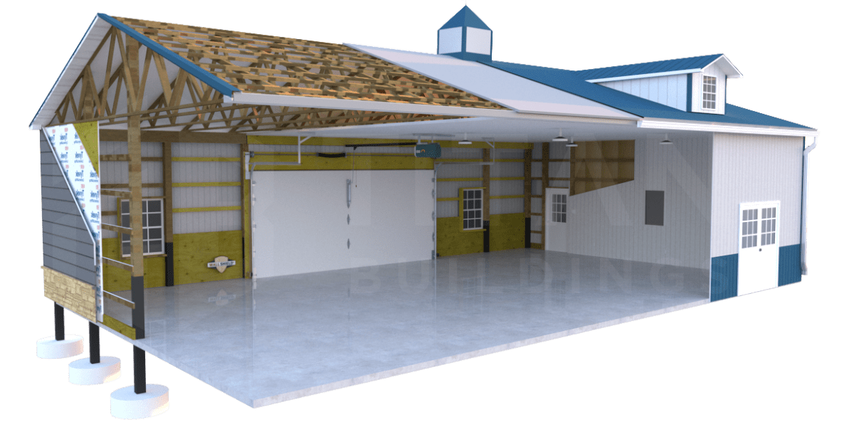 Post-frame pole building cutaway showing engineered posts, trusses, and concrete footers - Titan Buildings construction method